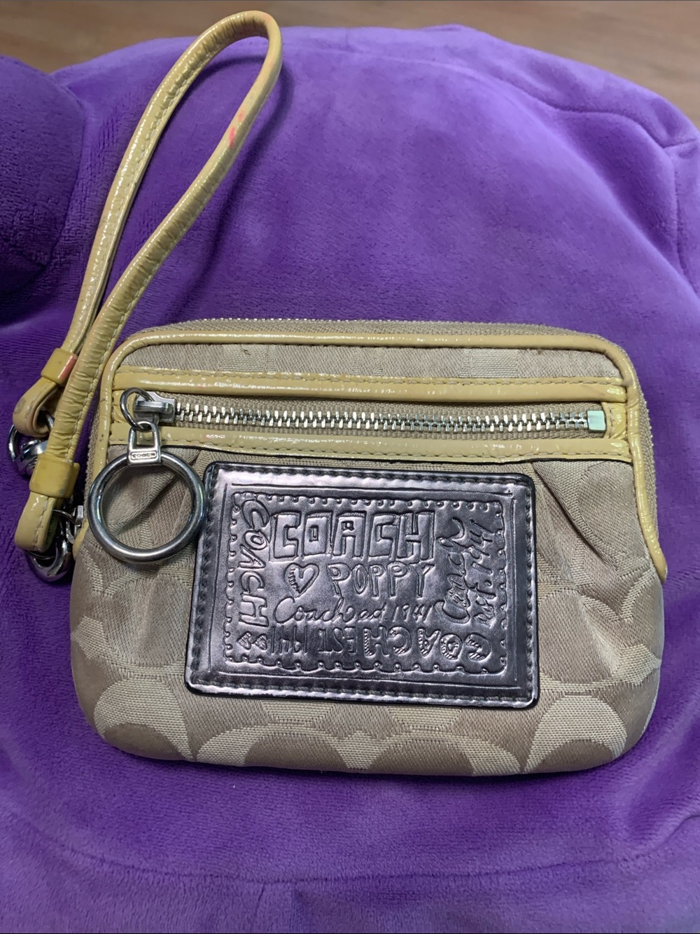 Coach Tan Signature Canvas Wristlet with Yellow Trim and Silver Patch